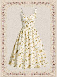 Vintamour 復古優雅女士花卉印花傘裙，音樂節春裝夏裝新娘派對連衣裙長裙復活節女裝春季套裝正式連衣裙鄉村音樂會服飾彩色裙黃色女裝和諧風格的褶裙裙夏裝可愛夏季連衣裙肯塔基德比派對禮服 - 彩色 - 查看 2