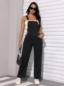 SHEIN PETITE Women's Denim Overalls With Pockets - Black - View 3