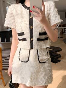 DAZY Color Block Short Sleeve Top With Button Front And Skirt With Rolled Hem, Women Two Pieces Sets