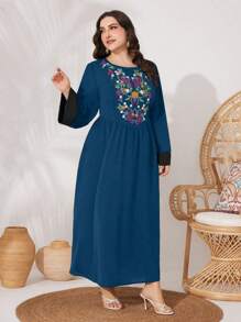 Al Najma Plus-Size Women's Floral Embroidery & Color Blocking Long Sleeve Arabic Clothing Kaftan Jalabiya Dress - Teal Blue - View 5
