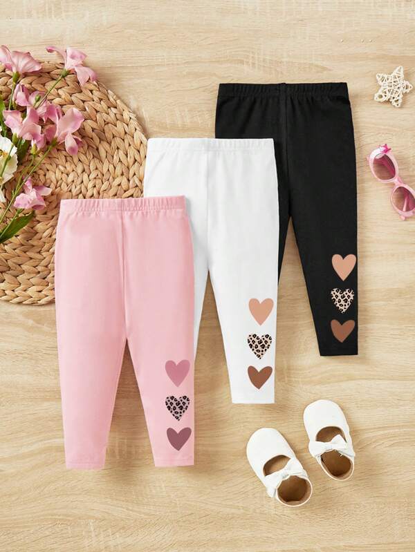 SHEIN 3er Set Baby Mädchen Lässig Minimalistisch Herz Muster Hosen, Schwarz, Weiß, Pink, geeignet für Herbst/Winter, enthält 95% Baumwolle