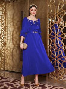 Modelyn Casual Dress With Rhinestone Decoration, Notched Lapel And Drawstring Waist - Blue - View 6