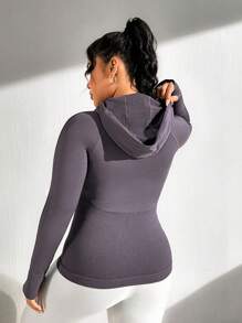 SHEIN Sports Plus Size Seamless Mesh Contrast Hooded Sports Jacket - Dark Grey - View 2