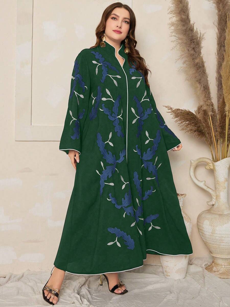 Al Najma Plus Size Embroidered Bell Sleeve Dress - Dark Green - View 1
