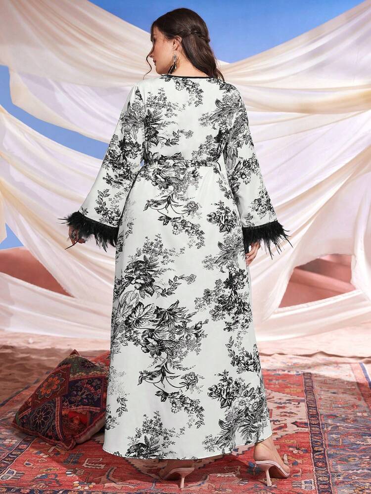 Vestido De Talla Grande Con Estampado Floral Y De Plantas Con Pelaje Entrelazado