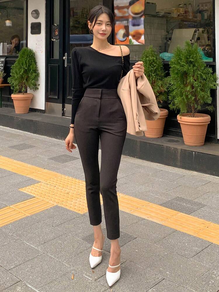 Women's Solid Color High Waist Tapered Pants, Business Casual Women Dress Pants Fall