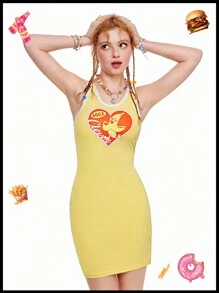SHEINNeu Quirky Fun Dopamine Yellow Fun Print Tank Top Dress