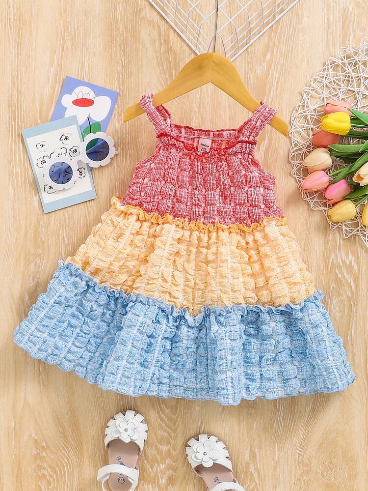 Baby Girl Summer Color Contrast Textured Ruffle Trim Decor Sleeveless Dress