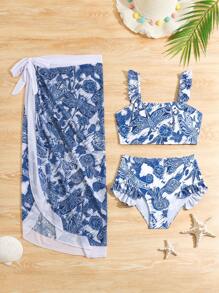 Tween Girls 熱帶印花比基尼泳衣套裝,蕾絲細節,沙灘度假必備泳裝 - 彩色 - 查看 1