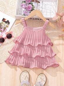 SHEIN 少女時尚優雅的圓領三層打褶荷葉邊背心上衣 - 粉色 - 查看 1