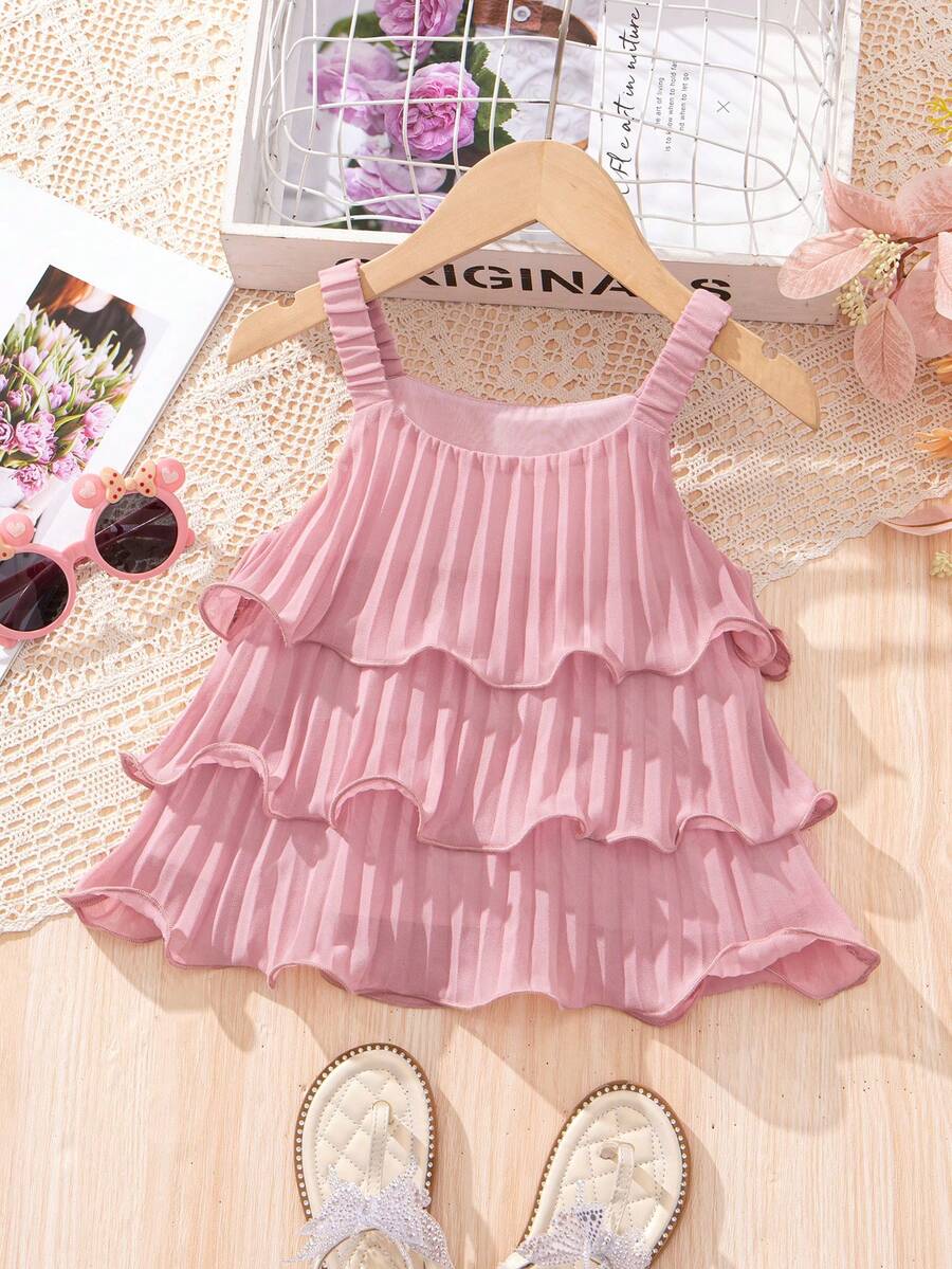 SHEIN 少女時尚優雅的圓領三層打褶荷葉邊背心上衣 - 粉色 - 查看 1