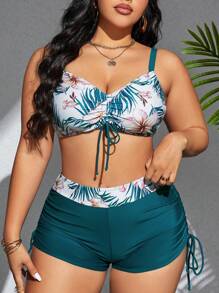 Swim Lushoire Summer Beach Plus Size Tropical Print Bikiniset med dragskodetaljer - Multifärgad - Visa 4