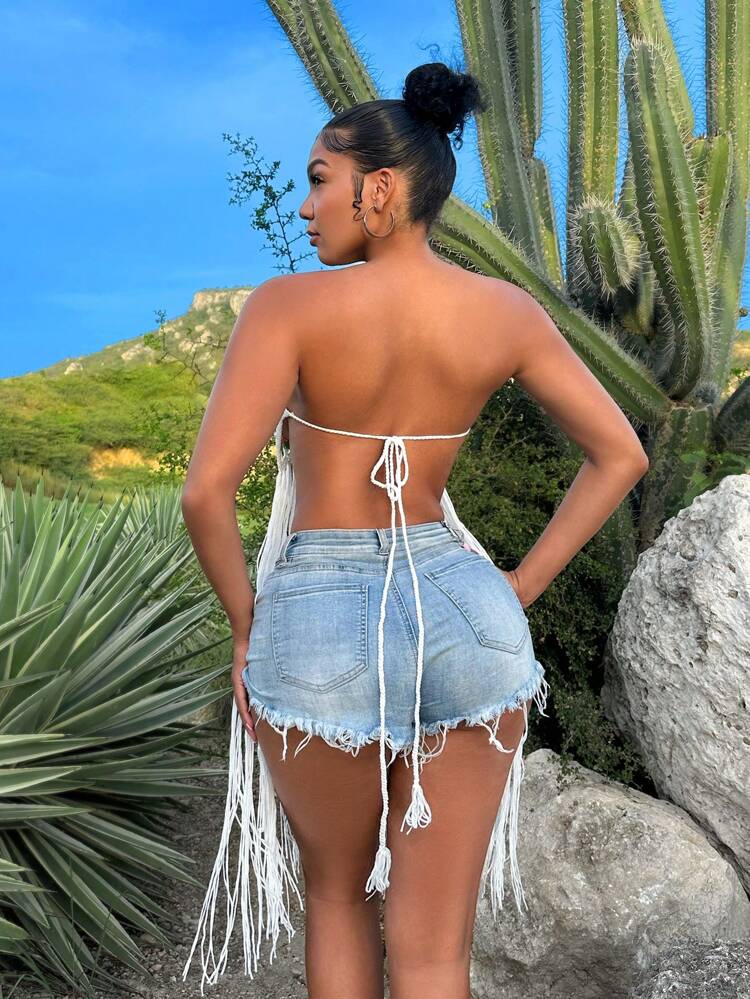 Crochet Flower Detail Fringed Hem Bandeau Knit Top