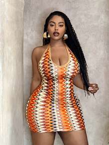 Slaydiva 大尺碼假期休閒彈性針織修身橙色緊身露背連身裙 - 橘色 - 查看 5