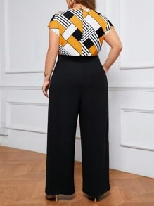 SHEIN Lady 加大碼顏色拼接v領蝙蝠袖寬鬆直筒連體褲 - 彩色 - 查看 2