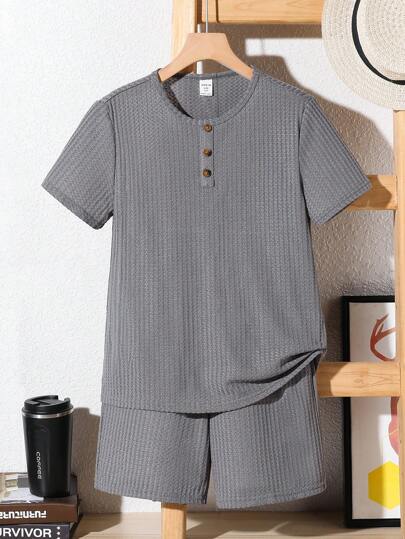 SHEIN Leap Crew Tween Boys' Casual Solid Color Short Sleeve T-Shirt And Shorts Homewear Pajama Set