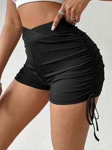 SHEIN SXY 女士實色重疊腰帶＆側邊褶皺打折褲 - 黑色 - 查看 4