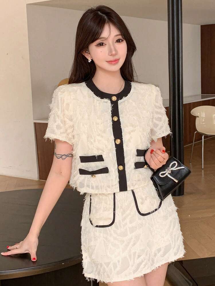 Color Block Short Sleeve Top With Button Front And Skirt With Rolled Hem, Women Two Pieces Sets