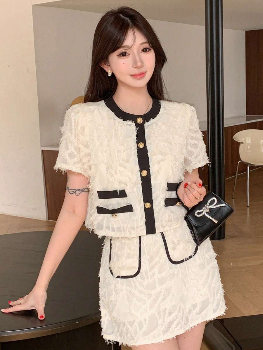 DAZY Color Block Short Sleeve Top With Button Front And Skirt With Rolled Hem, Women Two Pieces Sets