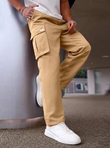 Manfinity Hypemode Quần Nam Dây kéo Đắp vá Túi màu trơn Đường phố - Màu Khaki - Xem 5