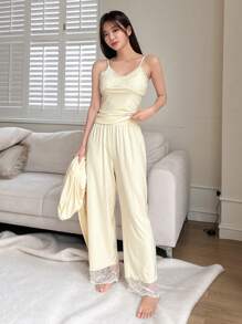 DAZY 3pcs Lace Patchwork Sheer Shoulder Sleepwear Set Pajama - Beige - View 5