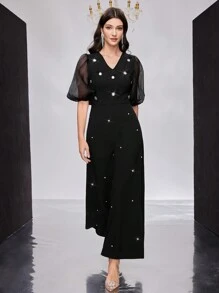 Modelyn Women's Bubble Sleeve Dress With Rhinestone ,Elegant Evening Party Dress Long Evening Dresses - Black - View 5