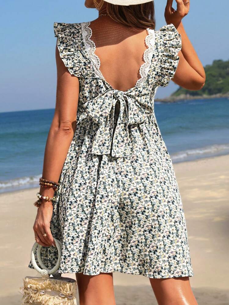 Maternity Floral Print Dress With Ruffle Edge, Lace Decor And Patchwork