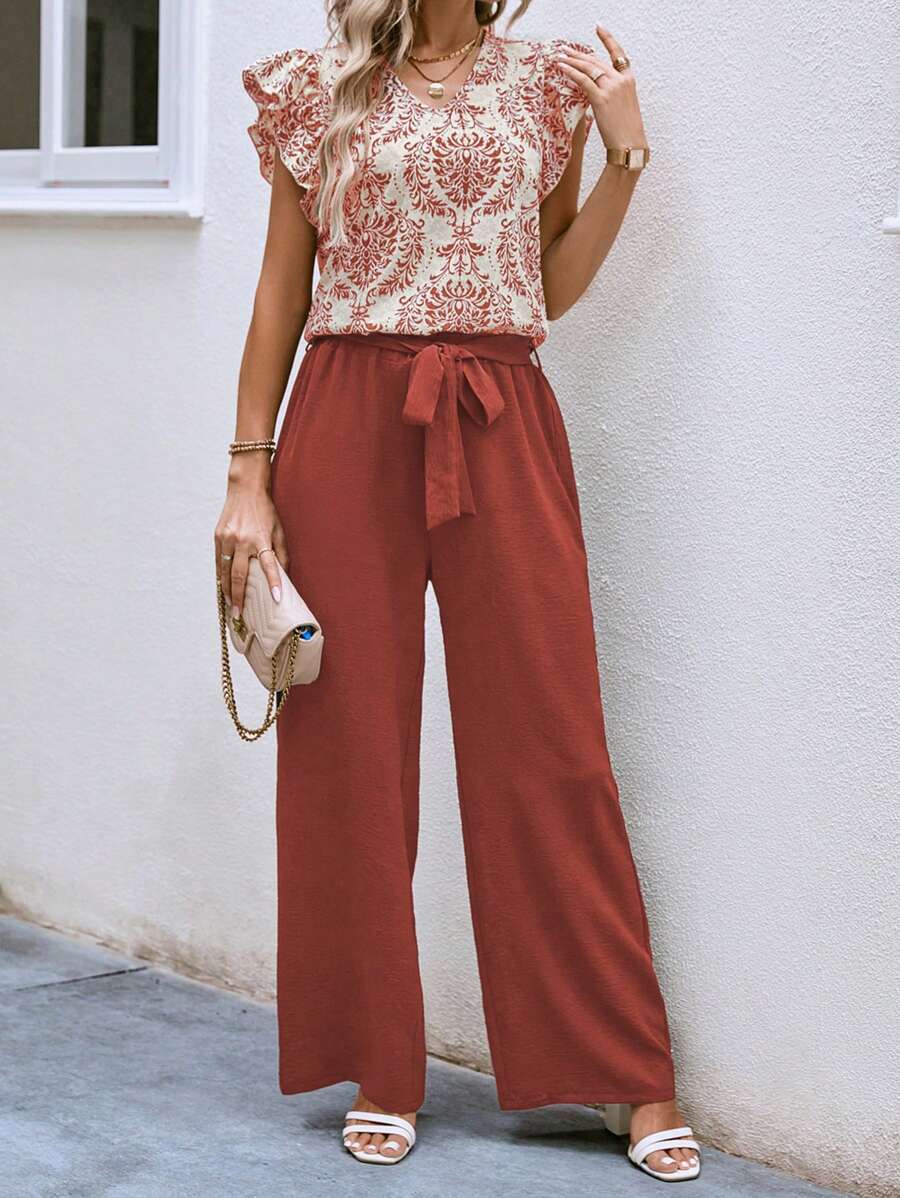 SHEIN LUNE Women's Two Pieces Set With Plant Print Ruffle Sleeve Top And Pants For New Year Clothes - Red - View 1