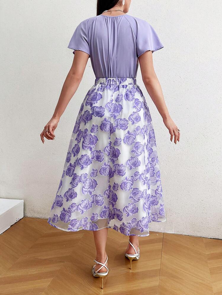 Ladies' Round Neck Pleated Batwing Sleeve Top & Floral Printed Skirt Combo 2 Pieces Set