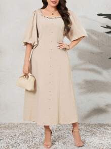Mulvari Vestido De Tamaño Grande De Manga De Linterna De Color Sólido Con Botones Decorativos - Caqui - Ver 7