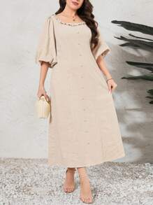 Mulvari Vestido De Tamaño Grande De Manga De Linterna De Color Sólido Con Botones Decorativos - Caqui - Ver 1