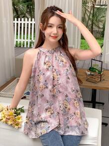 DAZY 花朵纹理无袖圆领宽松女式娃娃衫外出度假上衣 - 彩色 - 查看 1