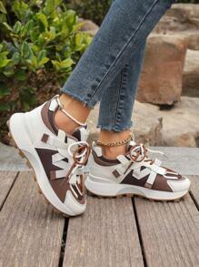 Women's College-Style Color-Block Sneakers With Letter Decoration, Lace-Up Thick-Soled Sports Shoes, Outdoor Breathable Brown Running Shoes