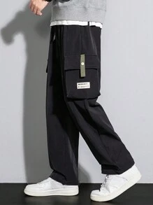 Men's Letter Patchwork Drawstring Waist Cargo Pants - Black - View 1