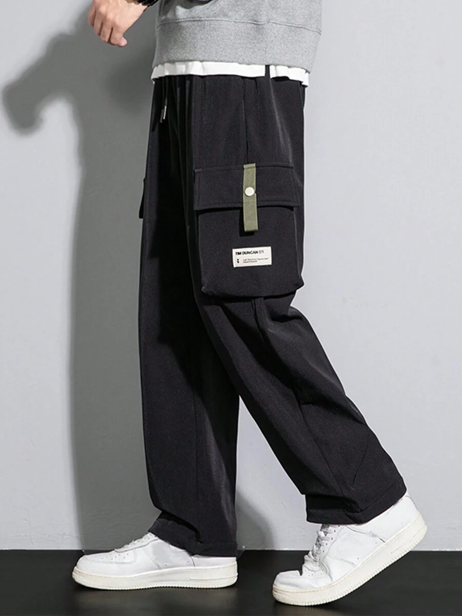 Men's Letter Patchwork Drawstring Waist Cargo Pants - Black - View 1