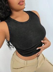 SHEIN EZwear Plus Size Vintage Distressed Snowflake Knit Tight Tank Top - Black - View 7