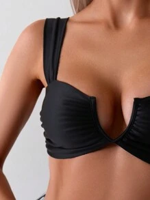Swim Basics Summer Beach Solid Color Ruched V-Neck Tank Style Swimwear Top - Black - View 4