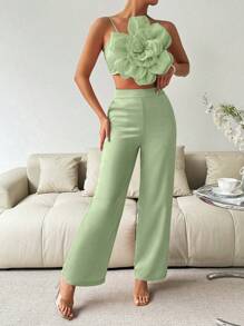 Zolique Flower Embroidery Strap Crop Top And Wide Leg Pants Set - Mint Green - View 5