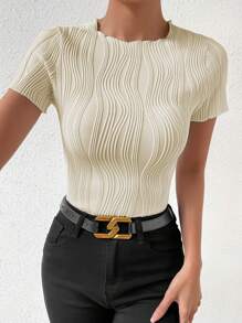 Chiquease Màu thuần Kết cấu Thon gọn Ngắn tay Áo thun - Màu be - Xem 6