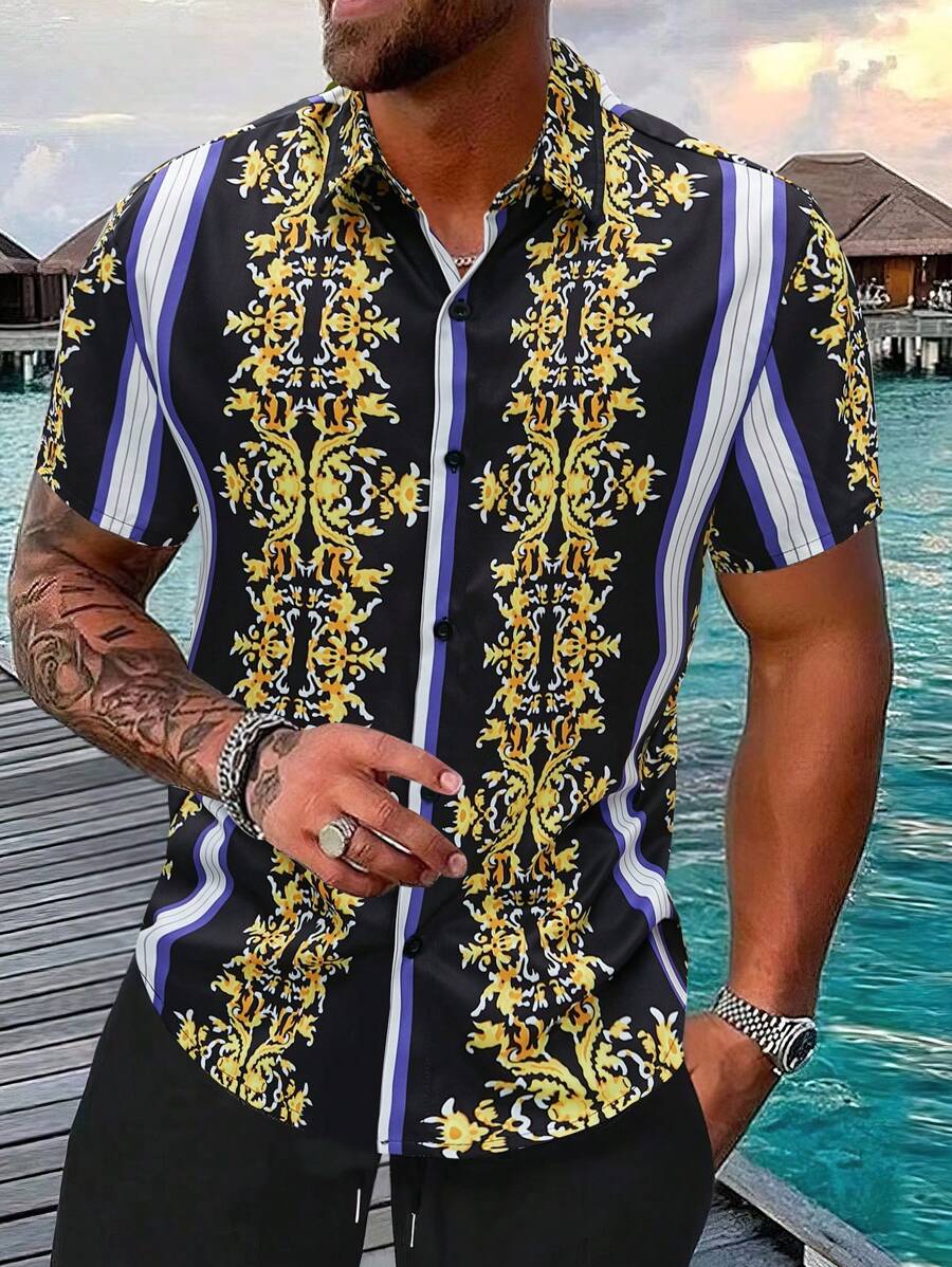 Manfinity LEGND 男士印花短袖鈕扣襯衫 - 彩色 - 查看 1