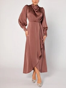 Modelyn Vestido Largo De Manga De Linterna De Mujer Con Cuello Envuelto Y Dobladillo De Volantes - Rosa - Ver 4