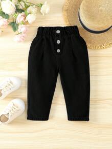 SHEIN Vintaside Kids 女嬰休閒錐形牛仔褲，花苞腰設計 - 黑色 - 查看 1