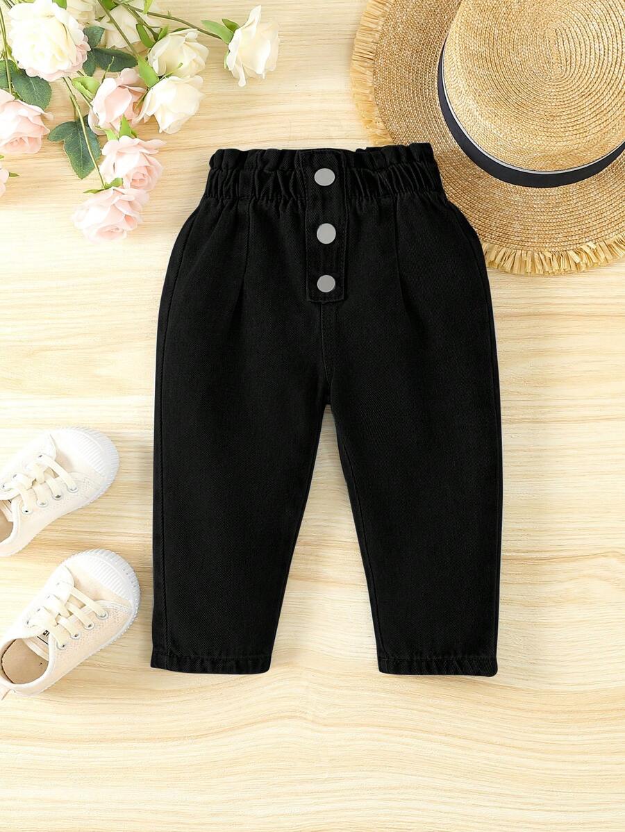 SHEIN Vintaside Kids 女嬰休閒錐形牛仔褲，花苞腰設計 - 黑色 - 查看 1
