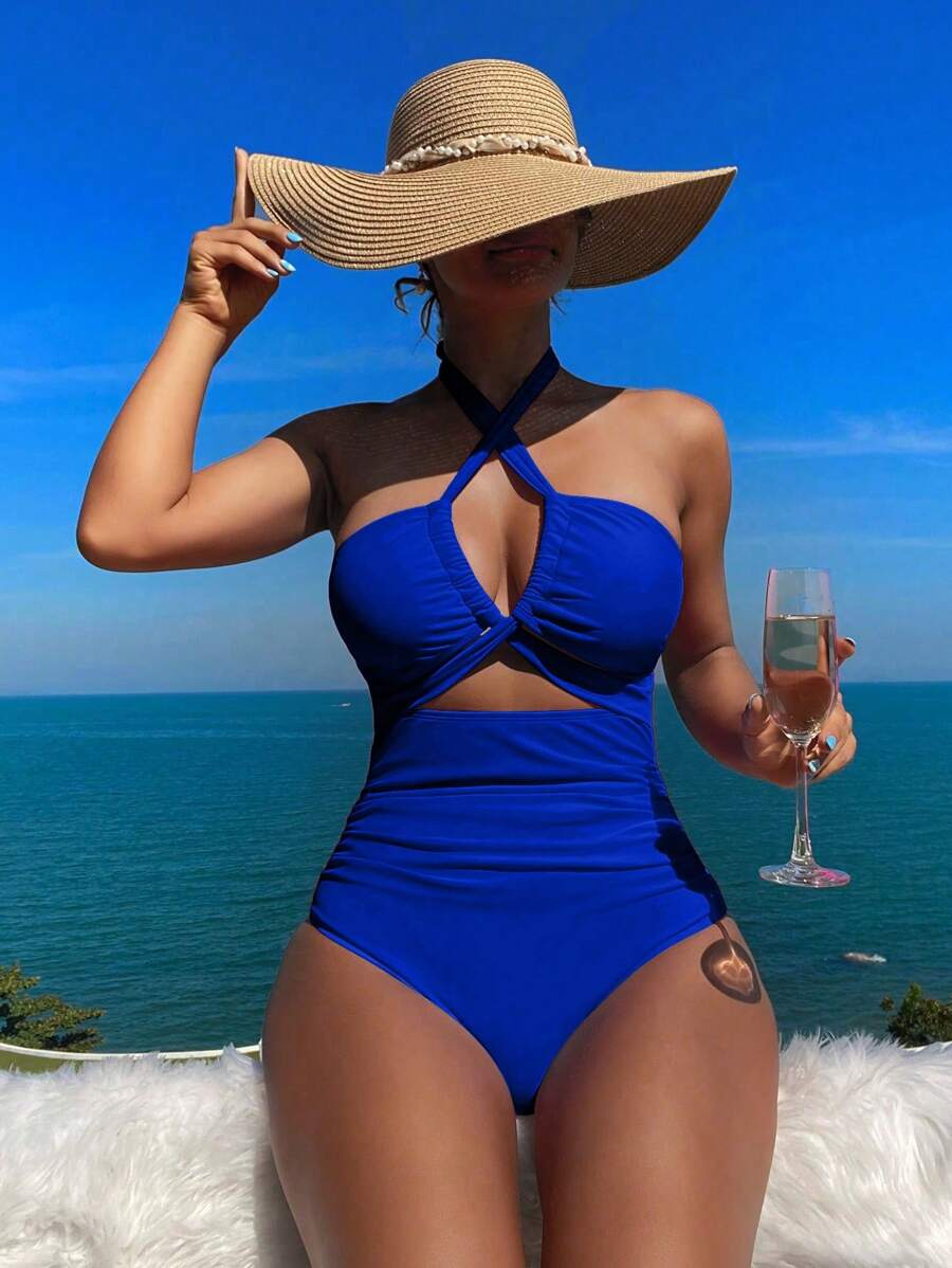 BamGleam Summer Beach Ladies' Solid Color Cross Neck One-Piece Swimsuit - Blue - View 1