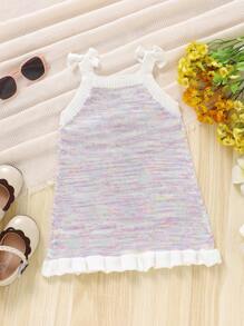 Vestito Maglia Melangé Di Lana Con Fiocchi Legati Sulle Spalle E Bordo A Contrasto Per Bambine