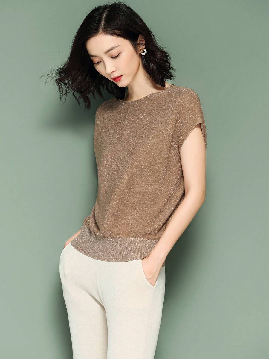 Casual Shiny Crew Neck Knit Top, Spring/Summer - Khaki - View 1