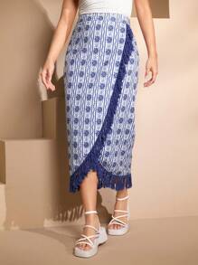Seusyu Printed Fringe Decorated Straight Skirt - Blue - View 3