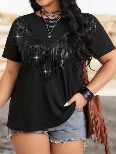 SHEIN LUNE Plus Size Summer Music Festival Party Western Casual Fashion T-Shirt With Sequin Fringe Hem, Casual Vacation T-Shirt