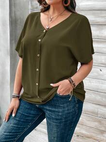 EMERY ROSE Plus Size Plain Batwing Sleeve Buttoned-Up Blouse - Army Green - View 4