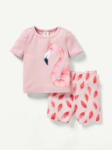 Cozy Pixies Baby Girl Snug Fit Pajama Set With Cartoon Animal Pattern Short Sleeve Top And Casual Shorts Matching Set - Pink - View 6